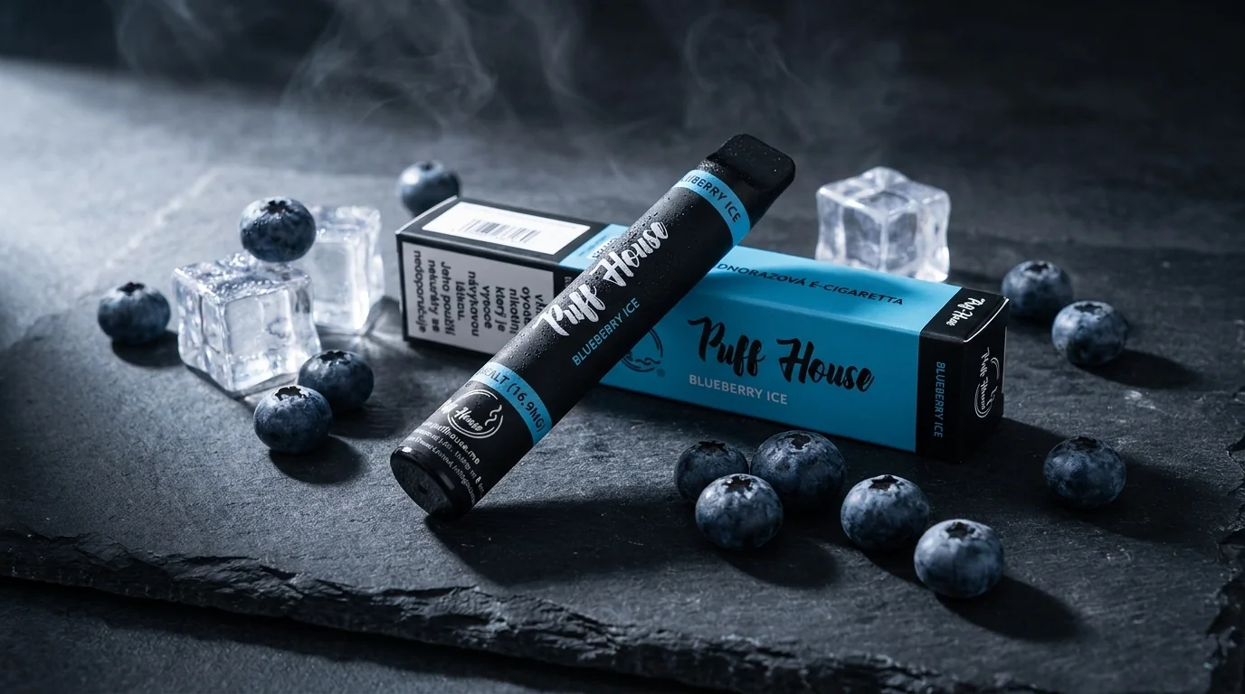 Jednorázová e-cigareta Puff House Blueberry Ice s krabičkou, borůvkami a kostkami ledu na tmavém podkladu.