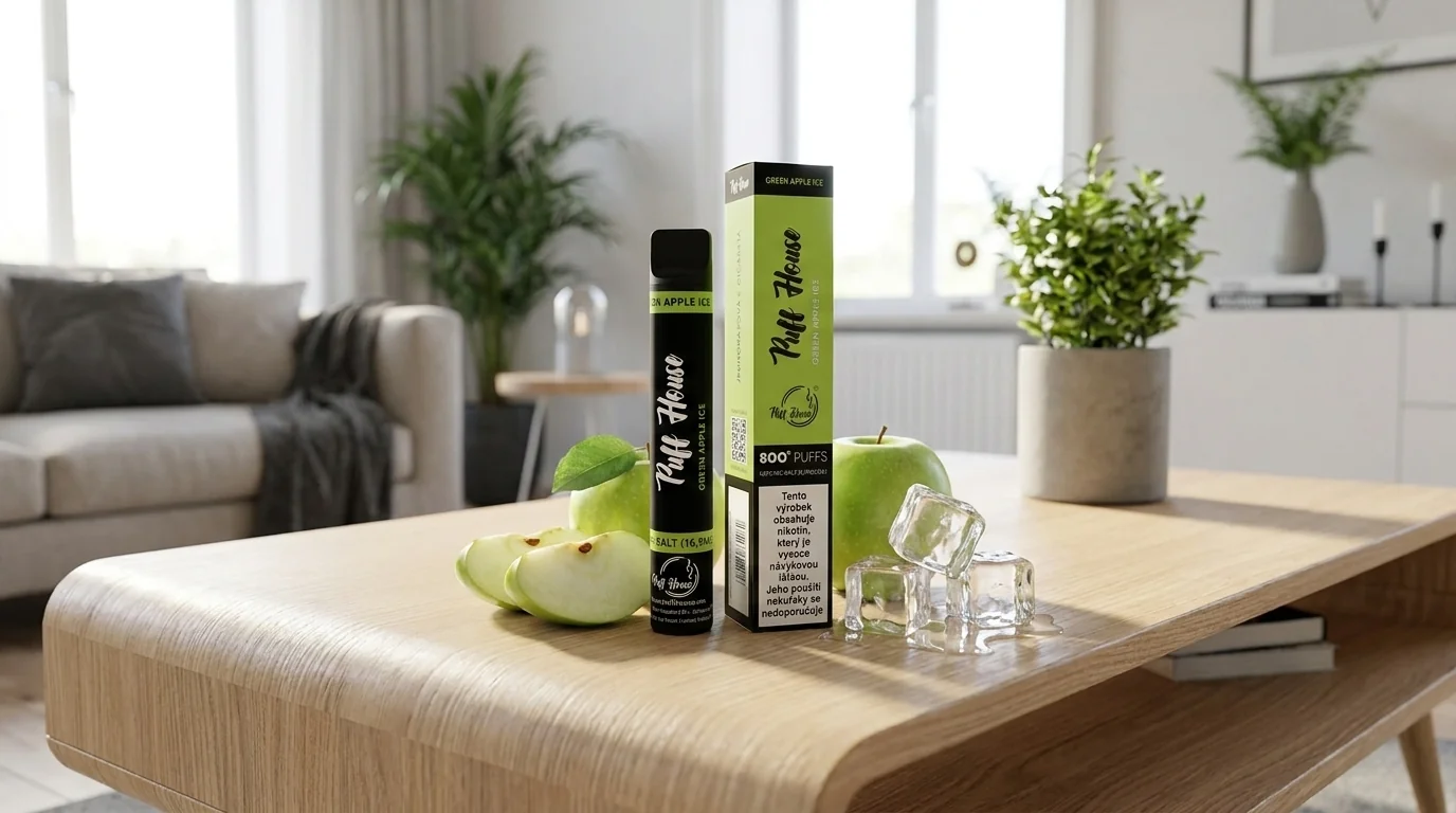 Jednorázová e-cigareta Puff House 800 Green Apple Ice s krabičkou, zeleným jablkem a kostkami ledu na dřevěném stole.