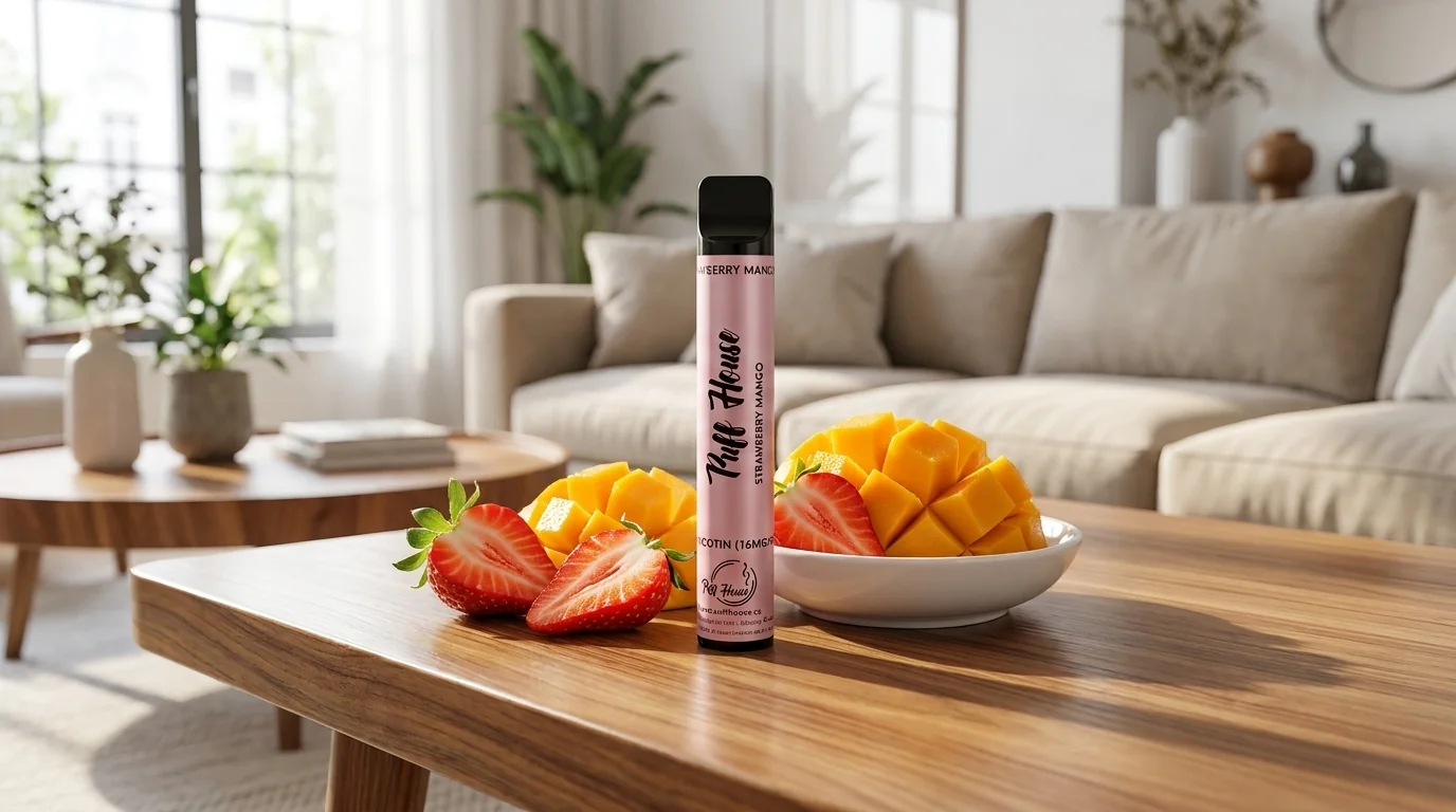 Jednorázová e-cigareta Puff House Strawberry Mango na dřevěném stole doplněná čerstvými jahodami a nakrájeným mangem.