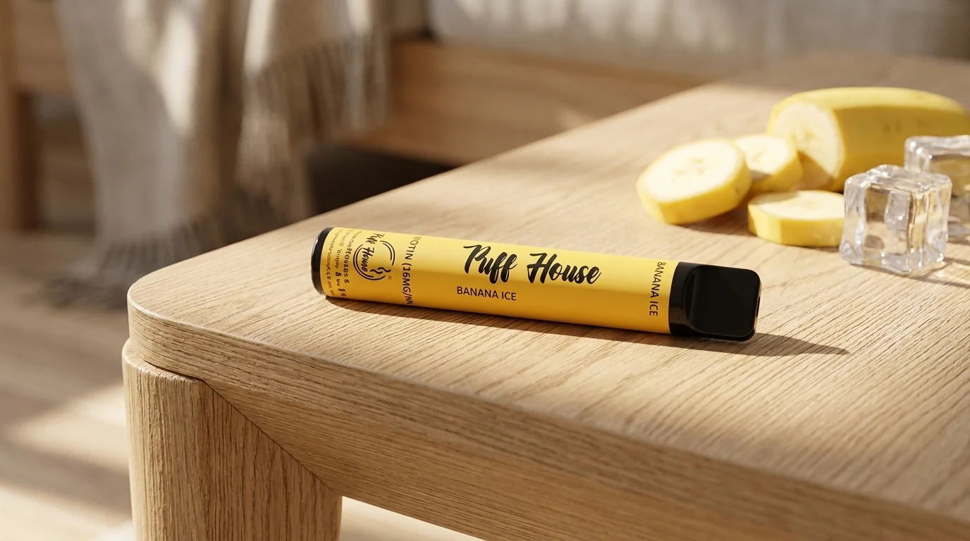 Žlutá jednorázová e-cigareta Puff House Banana Ice ležící na dřevěném stole vedle plátků banánu a kostek ledu.