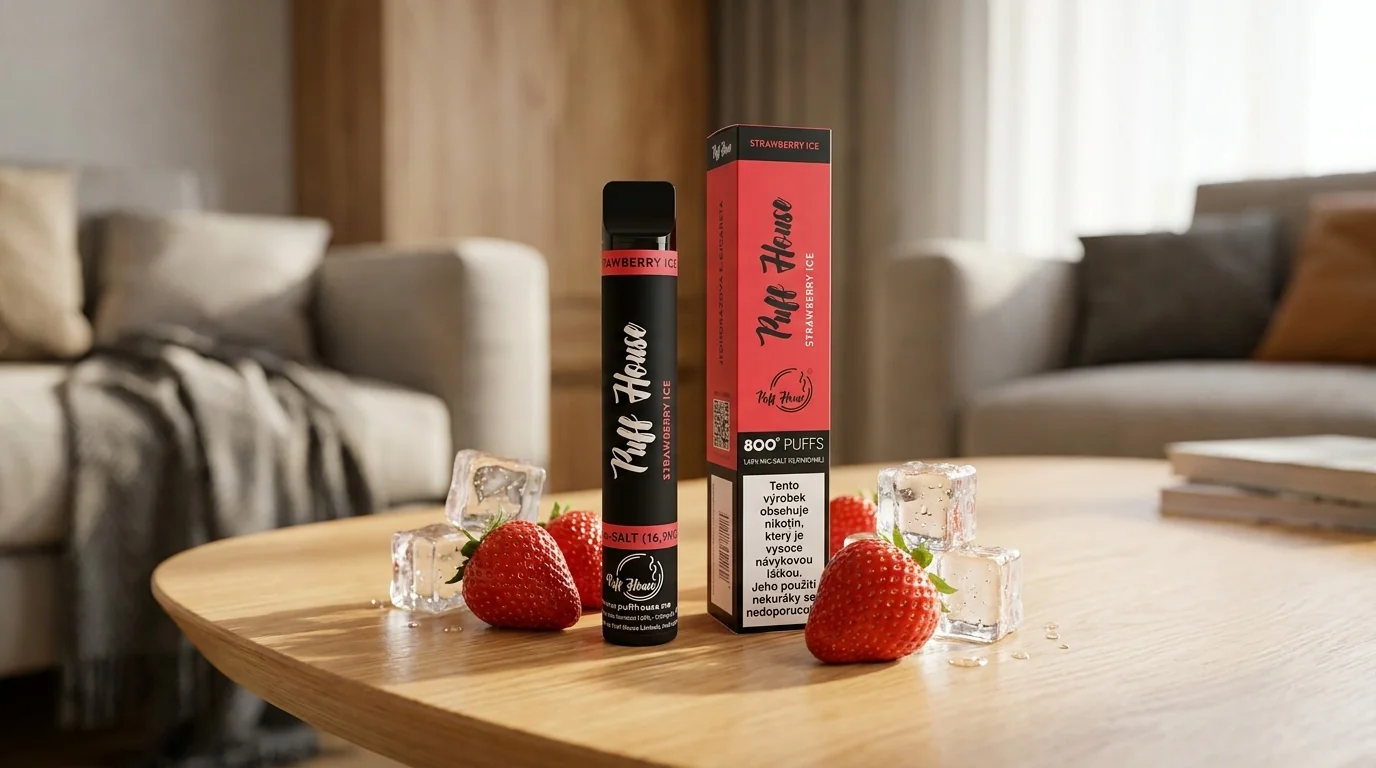 Jednorázová e-cigareta Puff House Strawberry Ice s krabičkou na dřevěném stole mezi čerstvými jahodami a kostkami ledu.