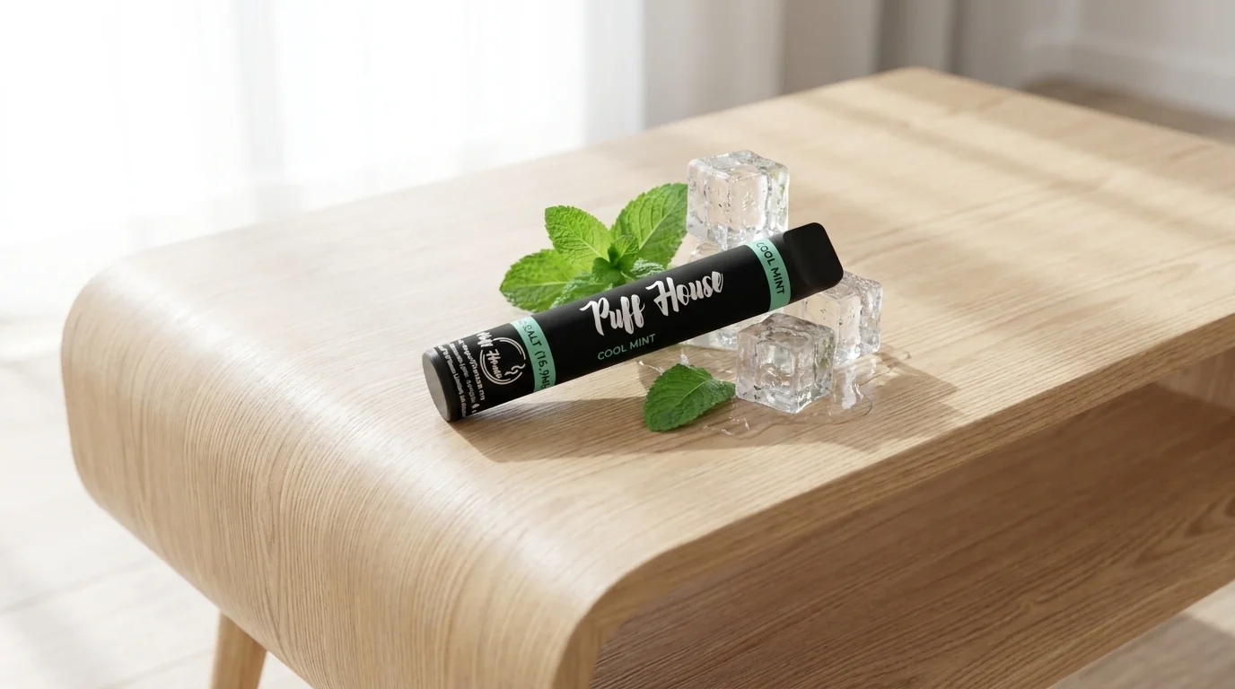 Černá e-cigareta Puff House Cool Mint položená na dřevěném stolku vedle kostek ledu a lístků máty.