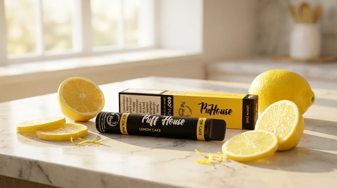 Jednorázová e-cigareta Puff House Lemon Cake vedle krabičky a plátků čerstvého citronu na mramorové desce.