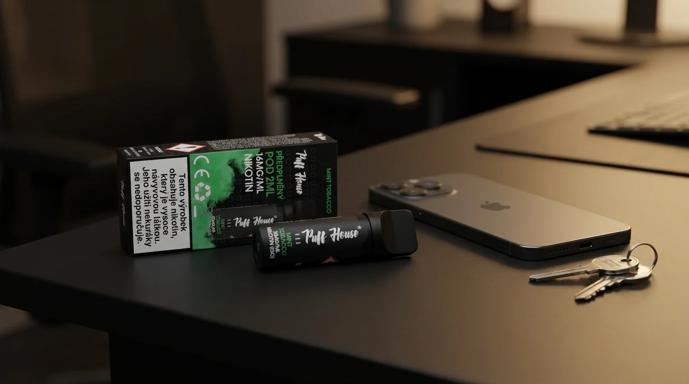 Náplň Puff House Pod Mint Tobacco s krabičkou na stole vedle mobilního telefonu a klíčů.