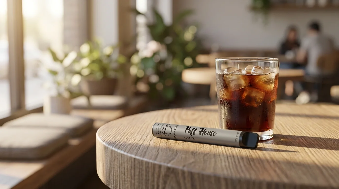 Jednorázová e-cigareta Puff House Cola Ice položená na dřevěném stole vedle sklenice koly s ledem.