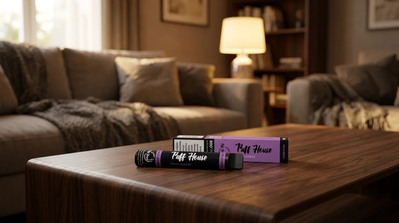 Elektronická cigareta Puff House Mixed Berries a její fialová krabička na dřevěném stolku v obývacím pokoji.