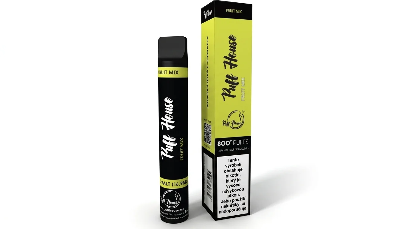 Černá e-cigareta Puff House 800 Fruit Mix vedle své žluto-černé krabičky.