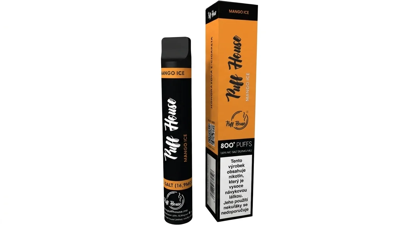 Černá jednorázová e-cigareta Puff House Mango Ice stojící vedle své oranžovo-černé krabičky.