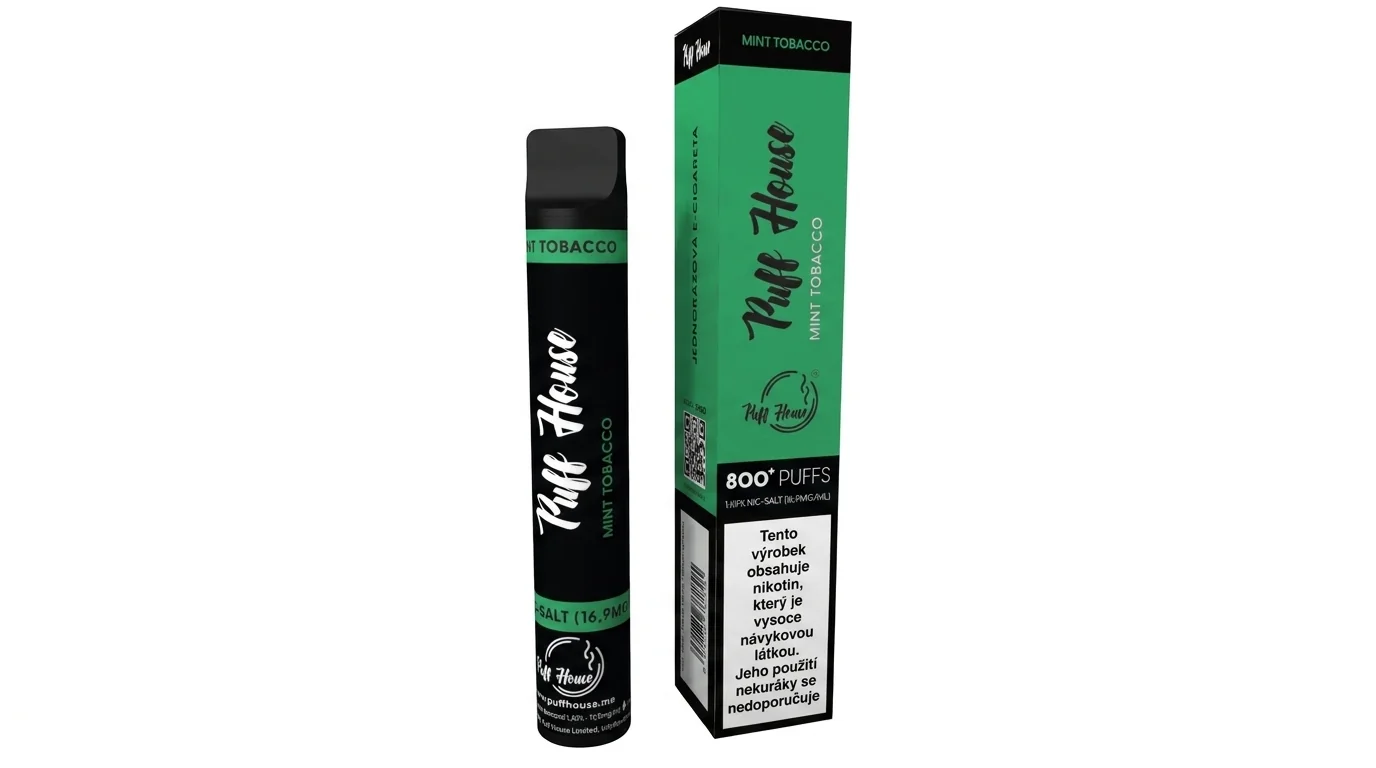 Černá jednorázová e-cigareta Puff House Mint Tobacco stojící vedle své zeleno-černé krabičky.