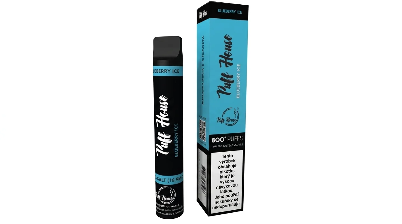 Jednorázová e-cigareta Puff House 800 Blueberry Ice stojící vedle své modro-černé krabičky.