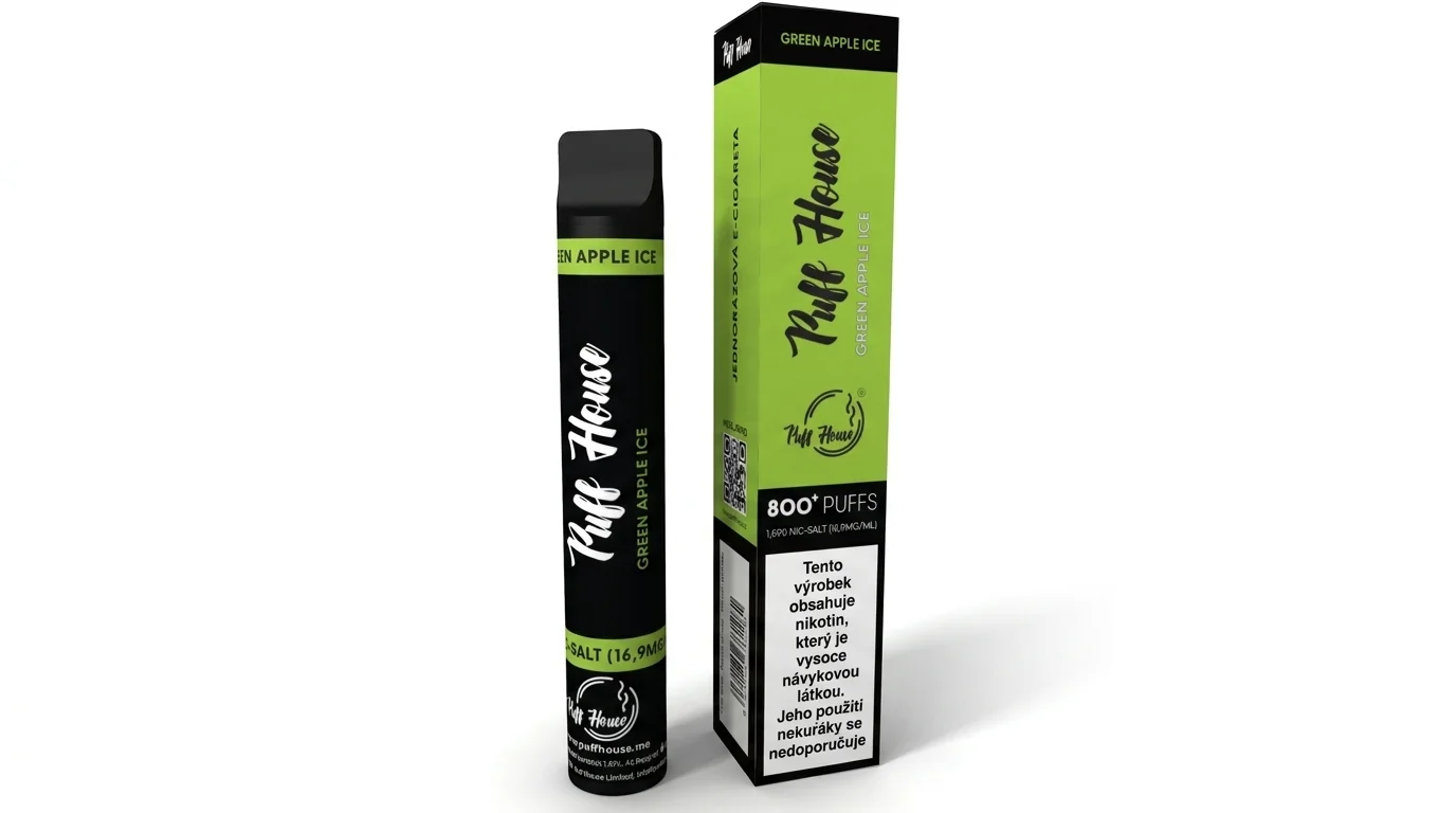 Jednorázová e-cigareta Puff House Green Apple Ice stojící vedle své zeleno-černé krabičky.