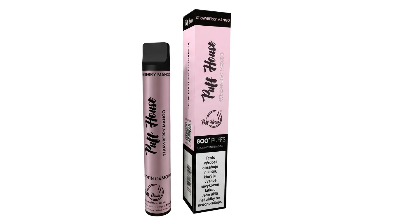 Růžová jednorázová e-cigareta Puff House Strawberry Mango stojící vedle své krabičky.
