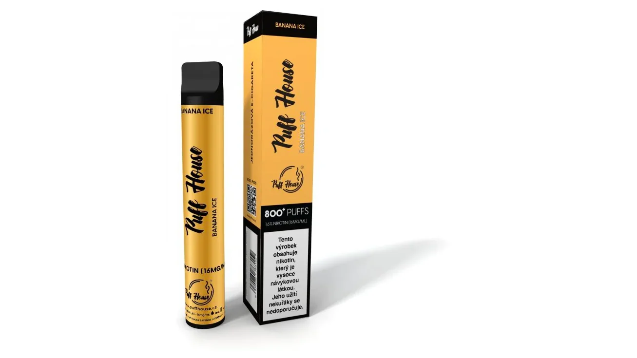 Žlutá jednorázová e-cigareta Puff House Banana Ice s černým náustkem stojící vedle své krabičky.