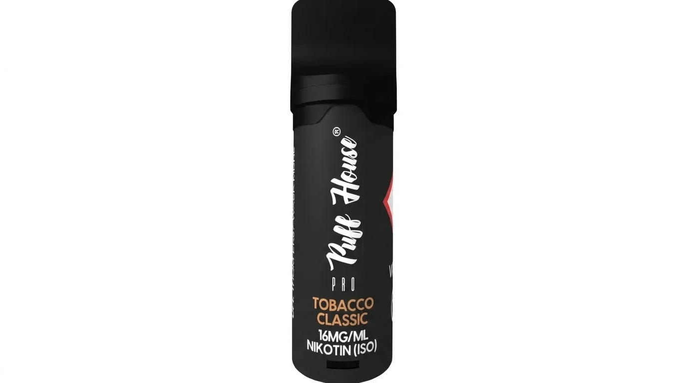 Černá náplň do e-cigarety Puff House Pro s příchutí Tobacco Classic a obsahem nikotinu 16 mg/ml.