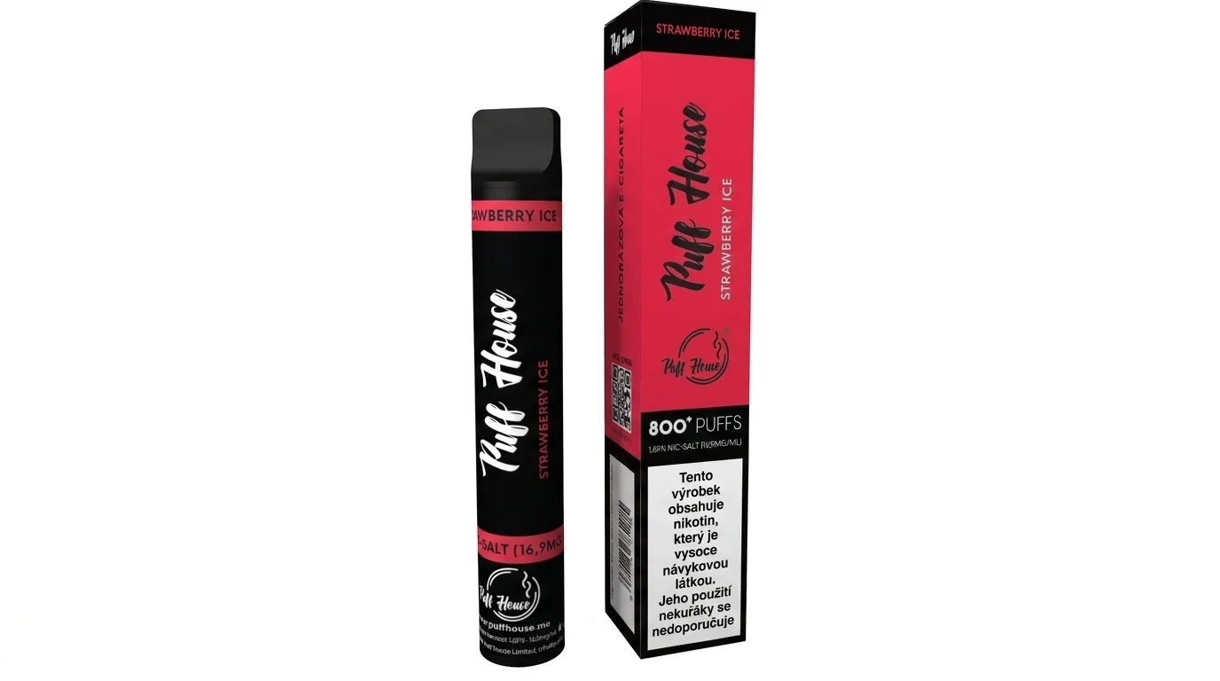 Černá jednorázová e-cigareta Puff House 800 Strawberry Ice vedle své růžovo-černé krabičky.