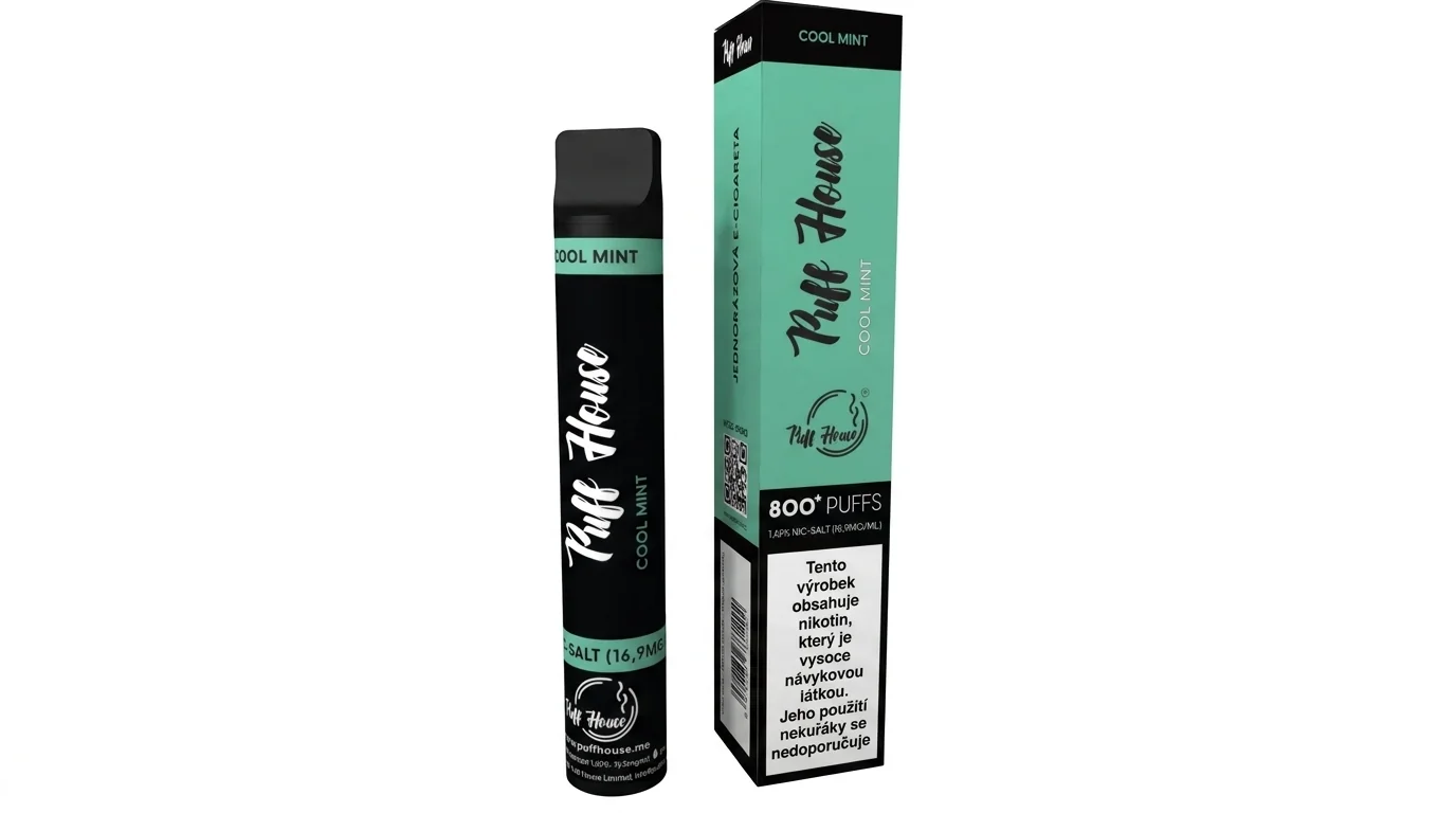 Jednorázová e-cigareta Puff House 800 Cool Mint v černém provedení vedle své mátově zelené krabičky.