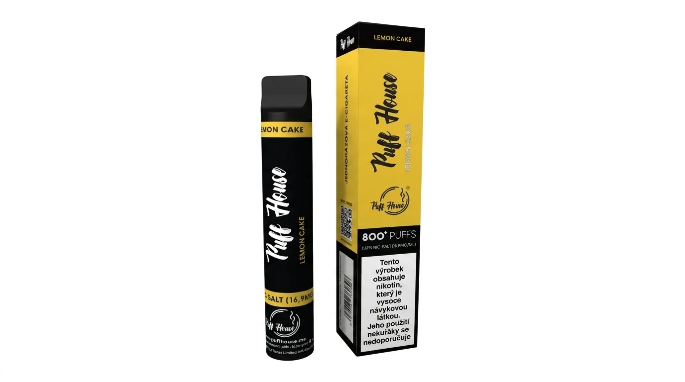 Jednorázová e-cigareta Puff House Lemon Cake vedle své žluto-černé krabičky.