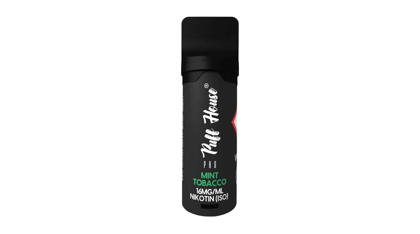 Černá náplň do e-cigarety Puff House s označením příchuti Mint Tobacco a obsahem nikotinu 16 mg/ml.