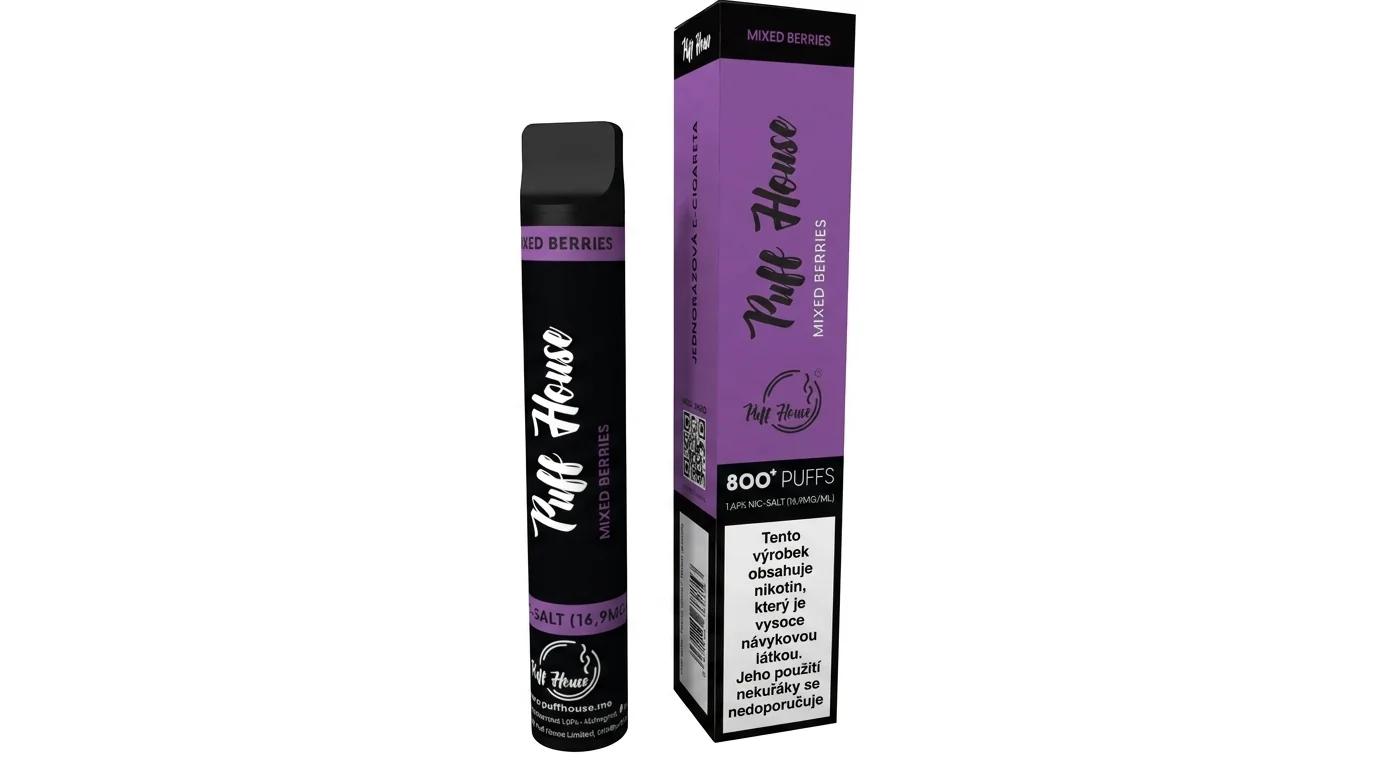Jednorázová e-cigareta Puff House 800 Mixed Berries vedle své fialové krabičky.