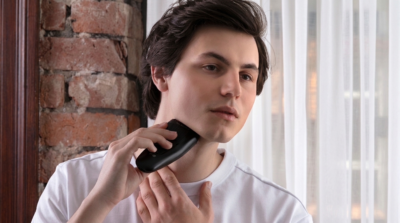 Mladý muž v bílém tričku si holí krk černým holicím strojkem Remington.