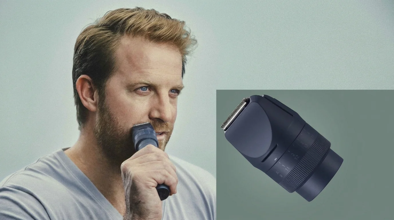 Muž si upravuje vousy zastřihovačem Panasonic MultiShape a vedle je zobrazen detail náhradní hlavice ER-CTN1-A301.