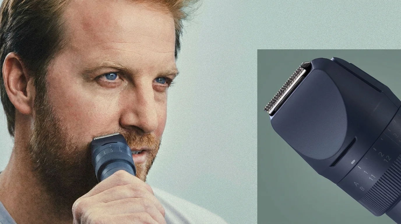 Muž si upravuje vousy pomocí nástavce Panasonic MultiShape ER-CTN1-A301, jehož detailní pohled je zobrazen vpravo.