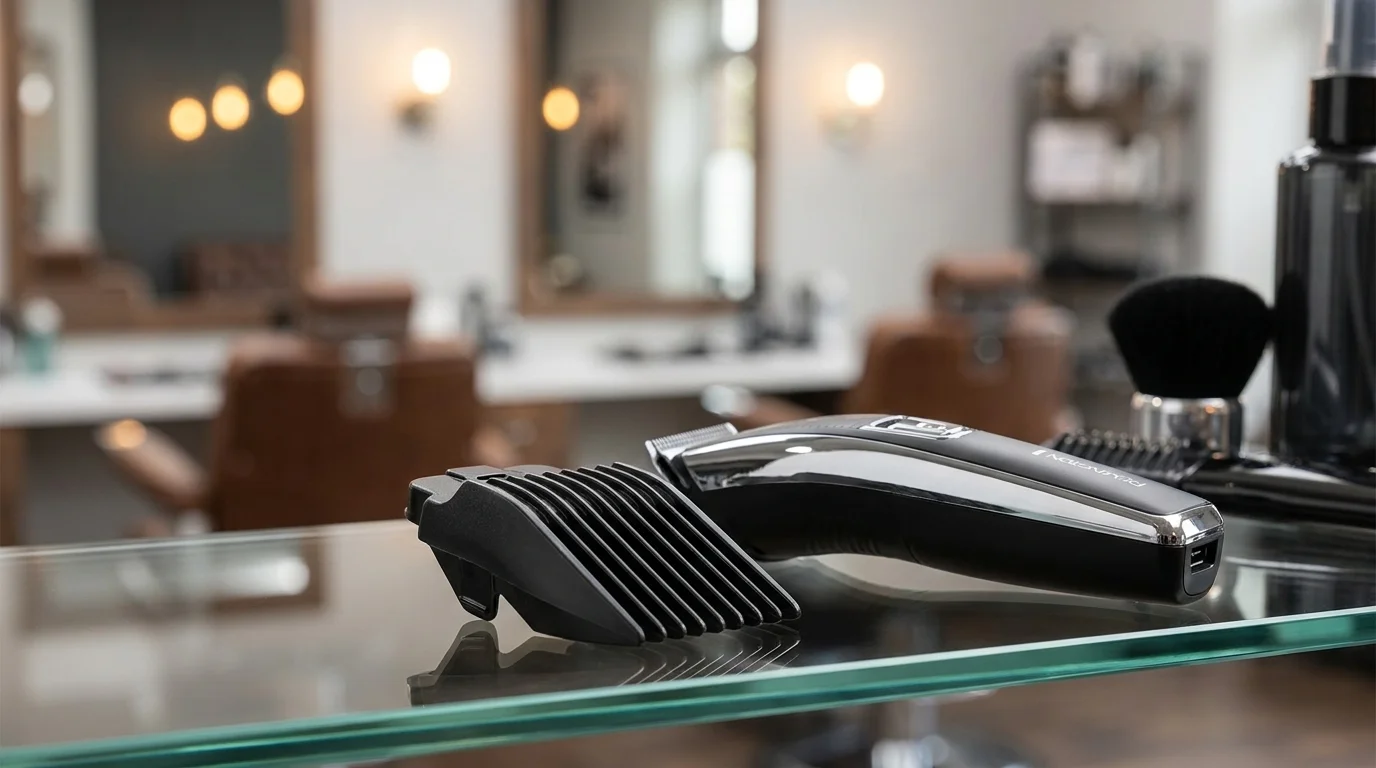 Zastřihovač vlasů Remington s náhradním hřebenem na skleněné polici v kadeřnickém salonu.
