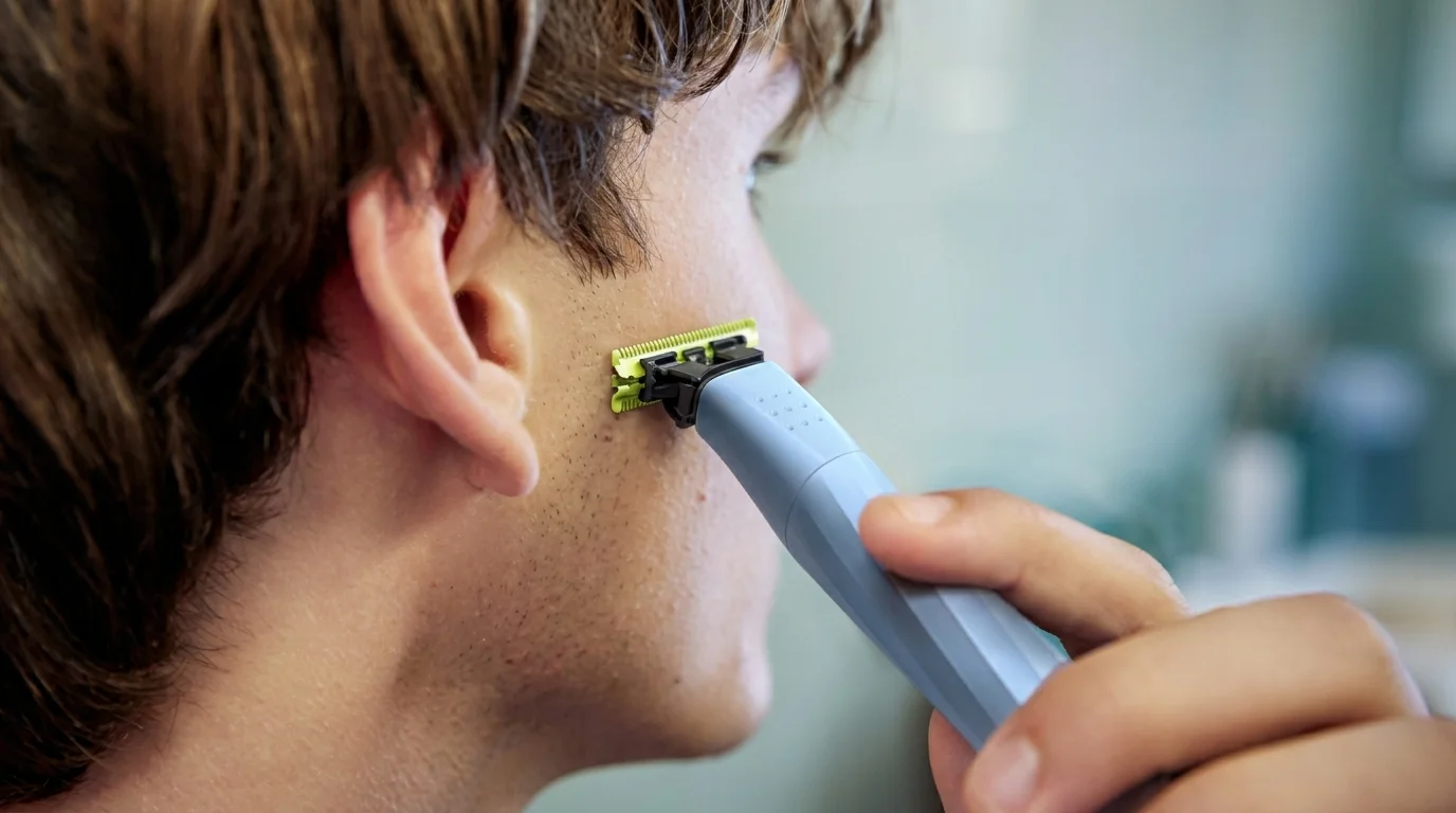 Muž si holí líce pomocou strojčeka Philips OneBlade so svetlomodrou rukoväťou a limetkovo zelenou čepeľou.