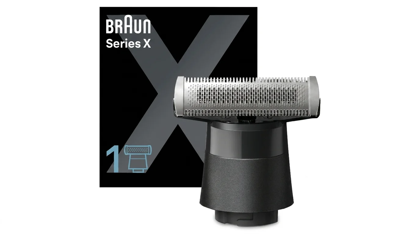 Náhradní břit Braun Series X s kovovou hlavicí na černém podstavci před krabičkou s logem Series X.