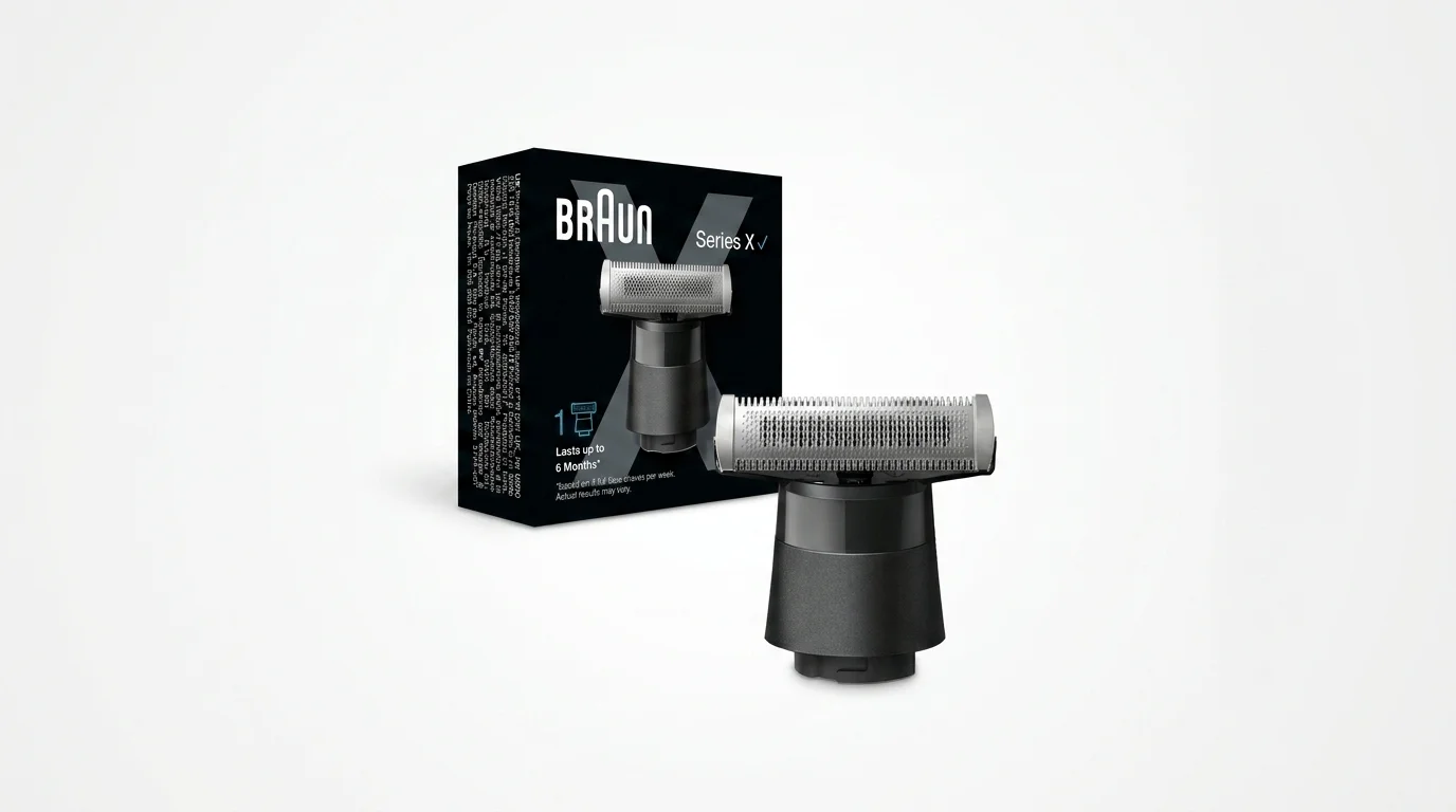 Náhradní břit Braun XT20 se stříbrnou hlavicí a černým tělem vedle své černé krabičky s logem Braun Series X.