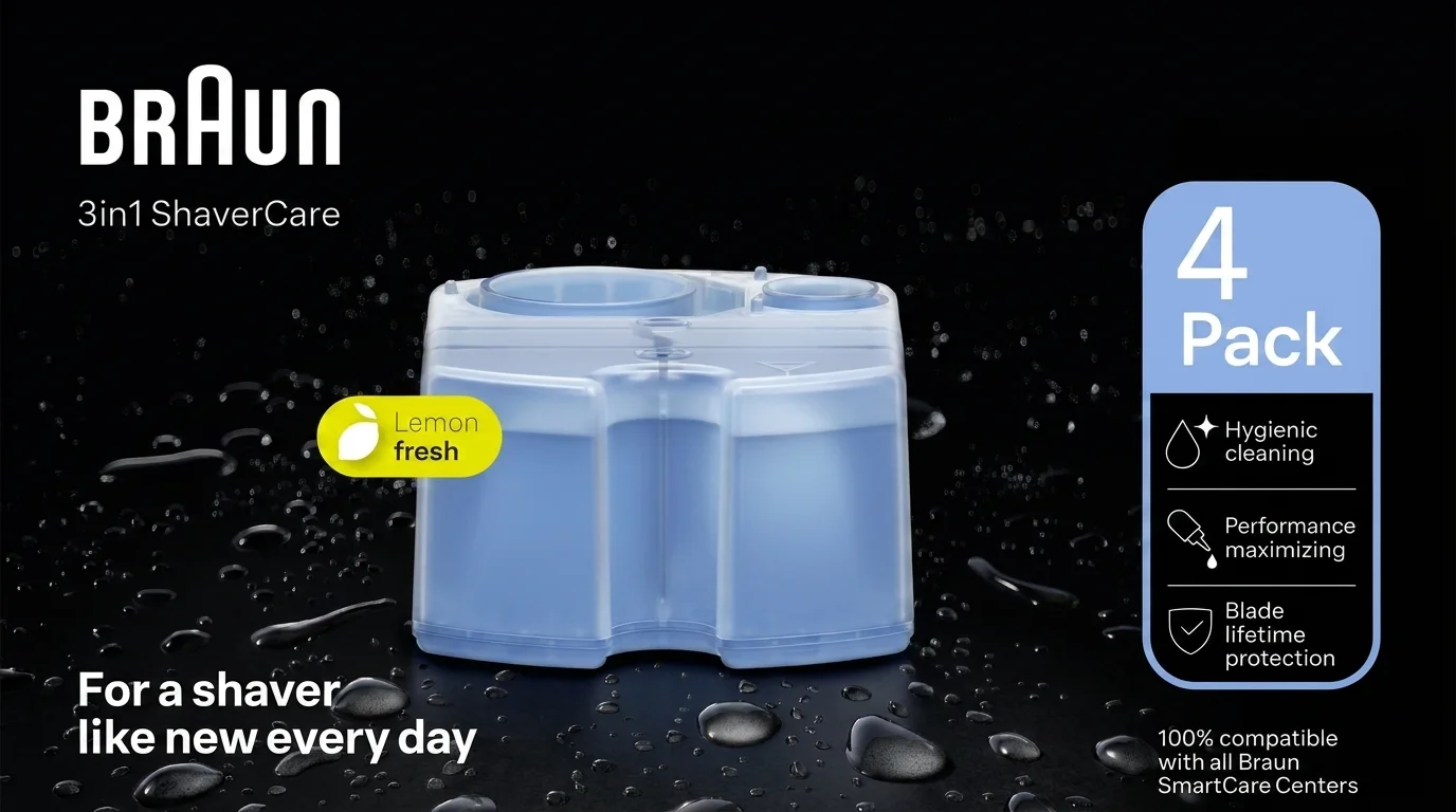 Modrá čisticí kazeta Braun na mokrém černém pozadí s textem 4 Pack a Lemon fresh.