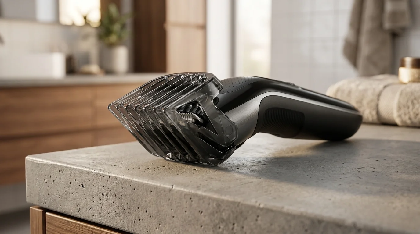 Černý zastřihovač vlasů Remington s nasazeným průhledným náhradním hřebenem SP-HC5000 položený na šedé desce v koupelně.