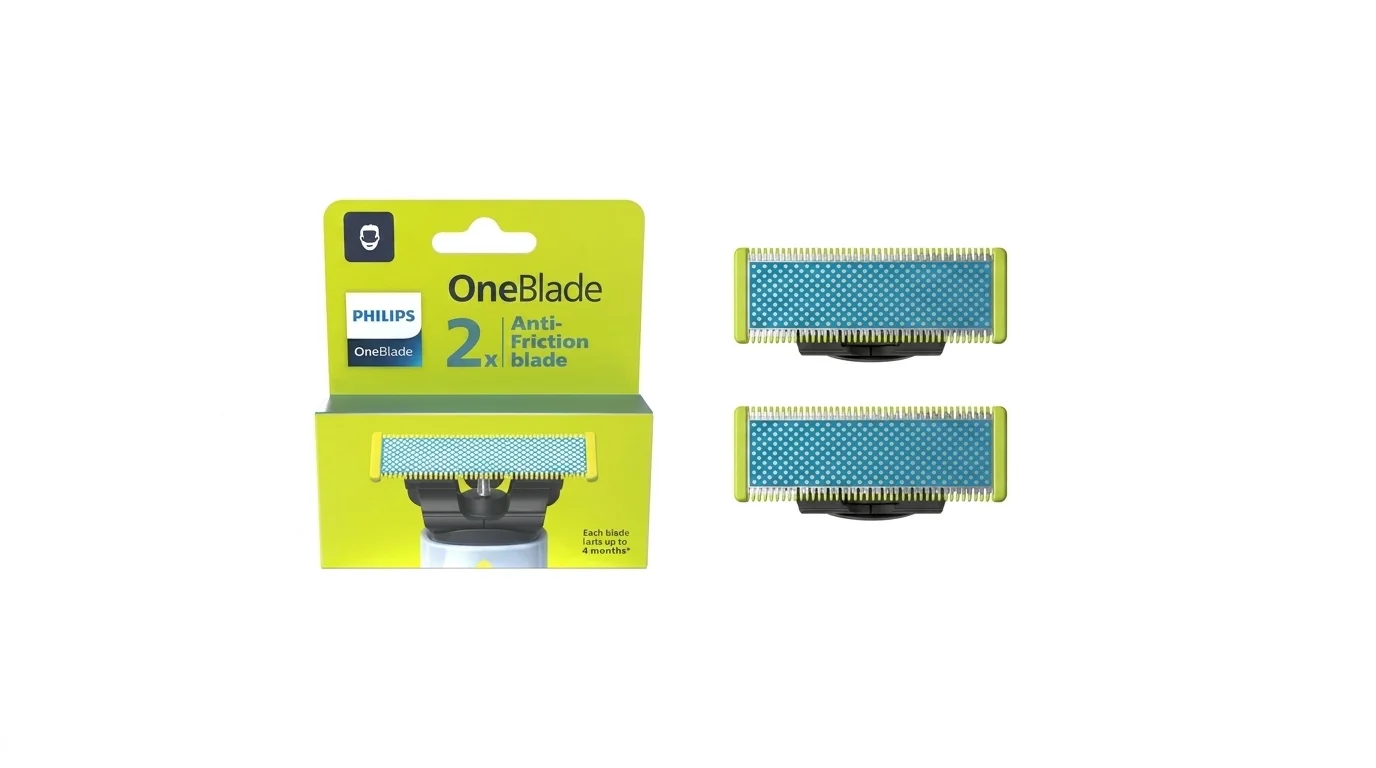 Zelené balenie náhradných čepelí Philips OneBlade QP225/50 a dve samostatné čepele s modrým povrchom.