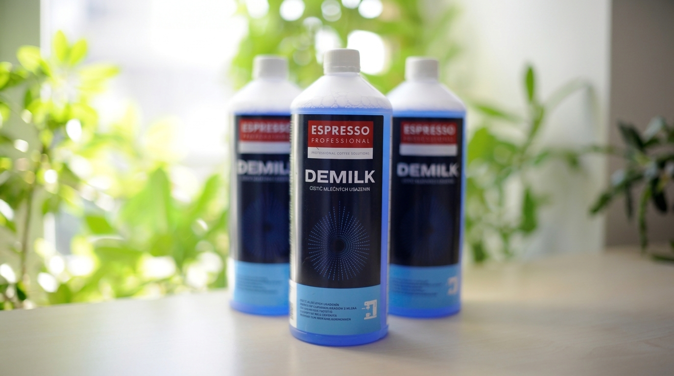 Tři lahve s modrým čističem mléčných usazenin Espresso Professional Demilk stojí na světlém stole s rostlinami v pozadí.