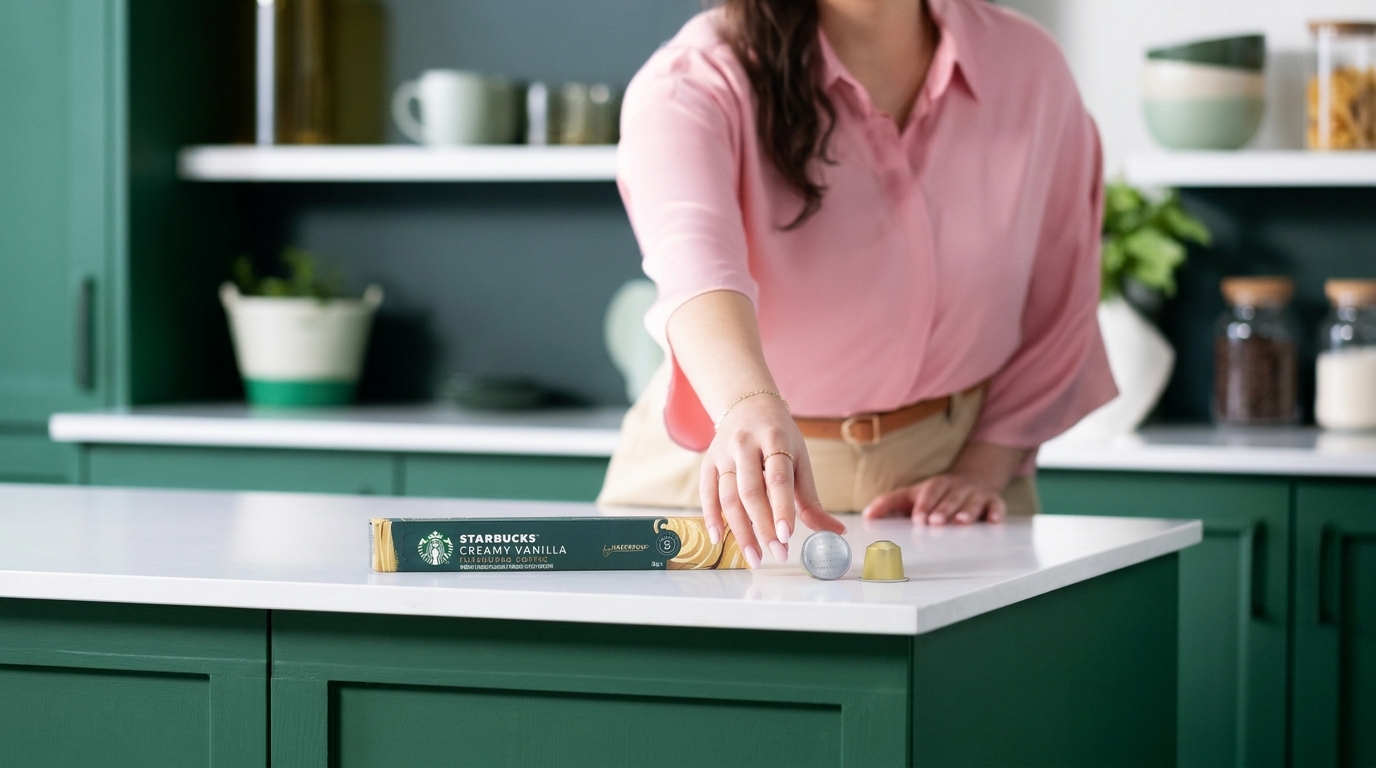 Žena v růžové košili sahá po kávové kapsli Starbucks Creamy Vanilla na bílé kuchyňské lince vedle krabičky.