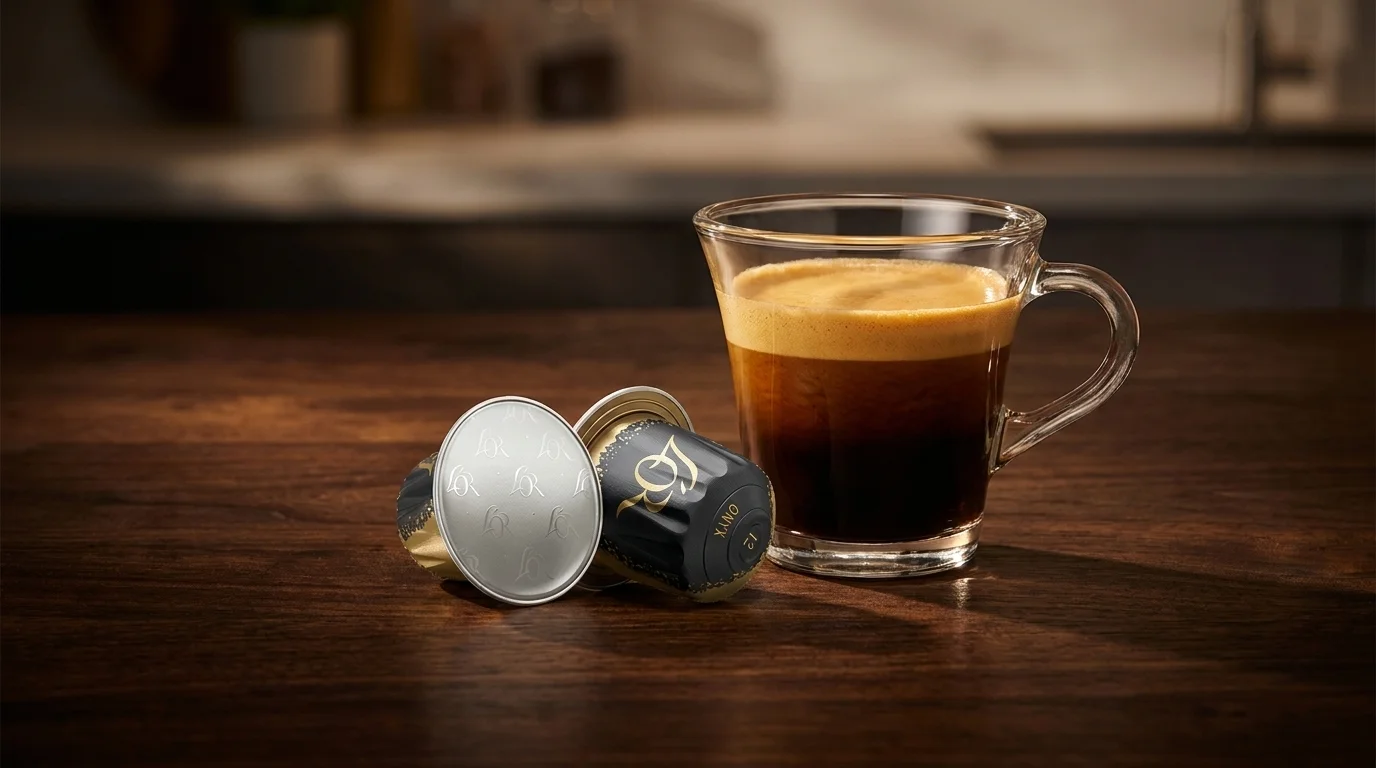 Kávové kapsuly L'OR Espresso Onyx na drevenom stole vedľa sklenenej šálky s čerstvo pripraveným espressom s bohatou penou.