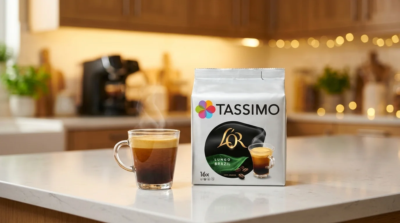 Balenie kávových kapsúl Tassimo L'OR Lungo Brazil vedľa sklenenej šálky s čerstvo pripravenou kávou na kuchynskej linke.