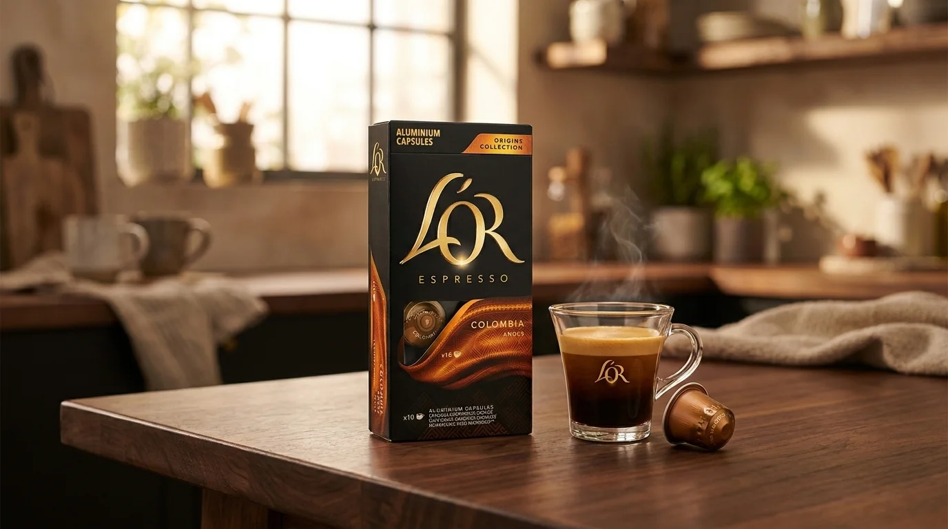 Krabička kávových kapslí L'OR Espresso Colombia vedle skleněného šálku s kouřící kávou a jedné volné kapsle na dřevěném stole.