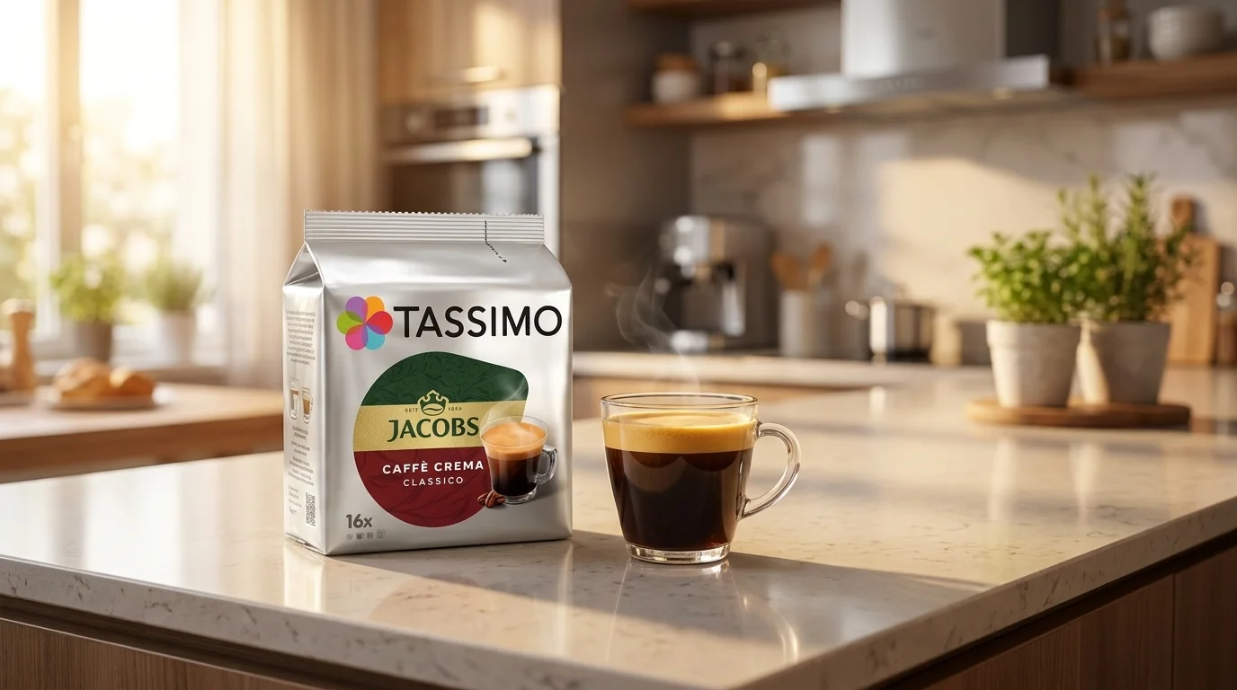 Balenie kávových kapsúl Tassimo Jacobs Caffè Crema Classico a sklenená šálka s čerstvou kávou s bohatou penou na svetlej kuchynskej linke.