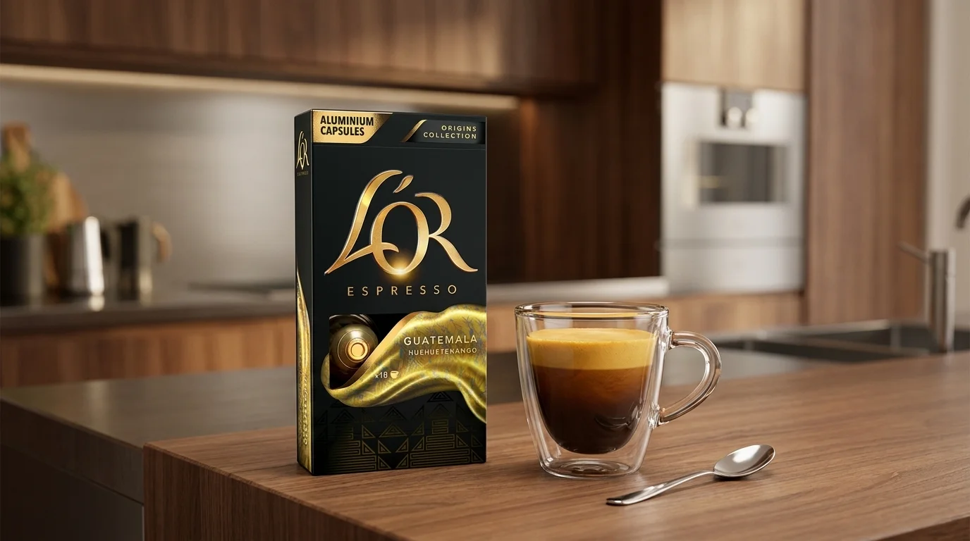 Krabička kávových kapslí L'OR Espresso Guatemala vedle skleněného šálku s kávou a lžičky na dřevěné kuchyňské lince.