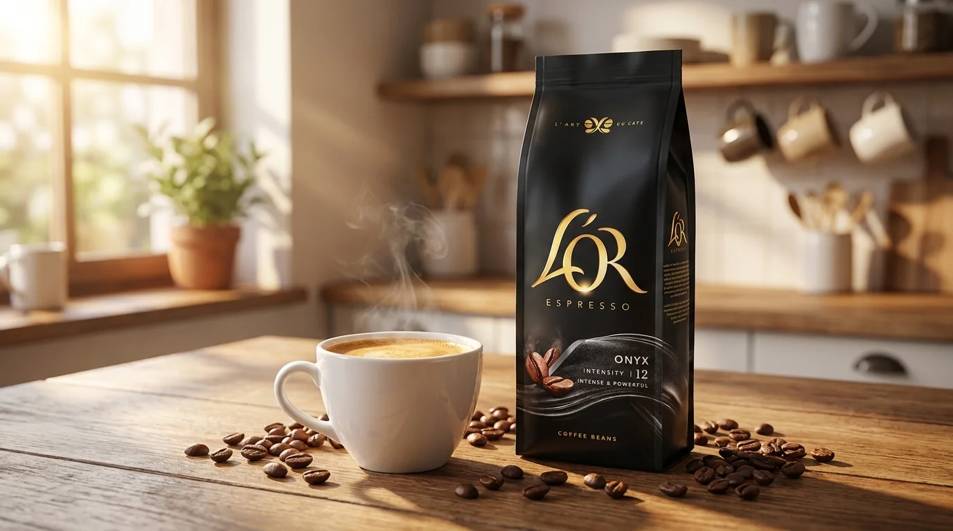 Čierne balenie zrnkovej kávy L'OR Espresso Onyx na drevenom stole vedľa bielej šálky s dymiacim espressom a rozsypaných kávových zŕn.