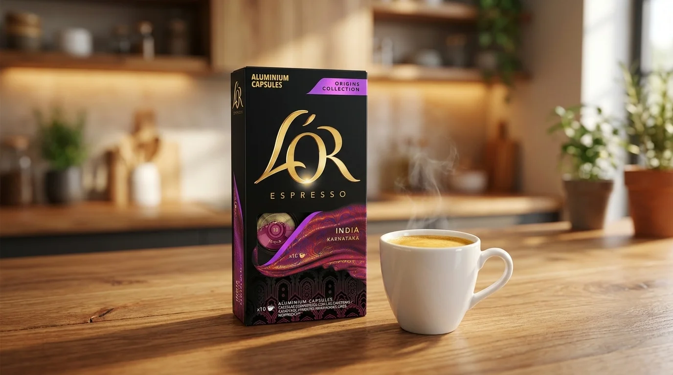 Krabička kávových kapslí L'OR Espresso India vedle kouřícího šálku kávy na dřevěném stole.