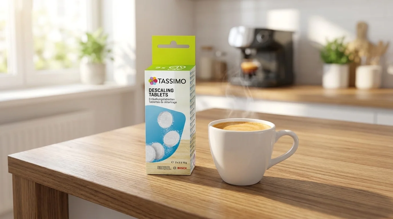 Balení odvápňovacích tablet Bosch Tassimo vedle kouřícího šálku kávy na dřevěném stole.