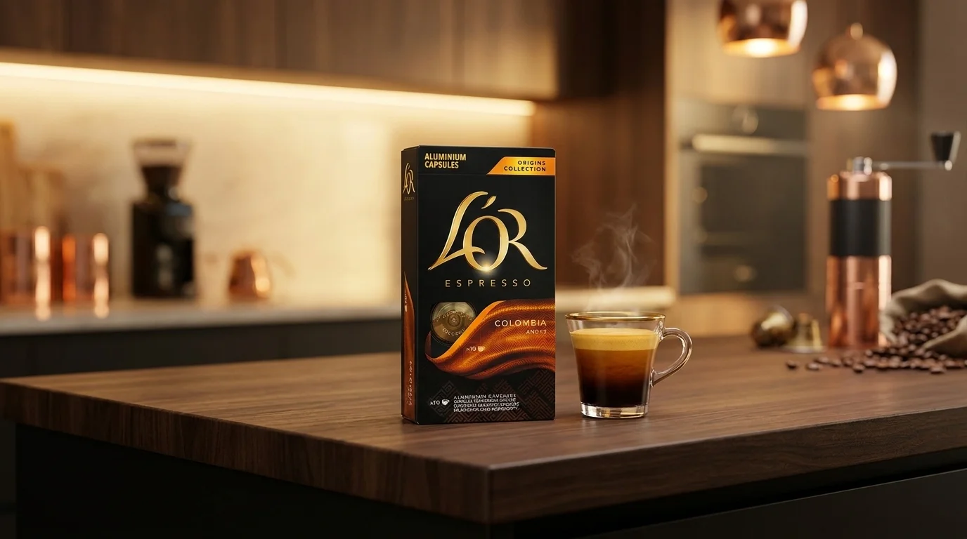 Krabička kávových kapslí L'OR Espresso Colombia na dřevěné kuchyňské lince vedle skleněného šálku s čerstvým espressem.