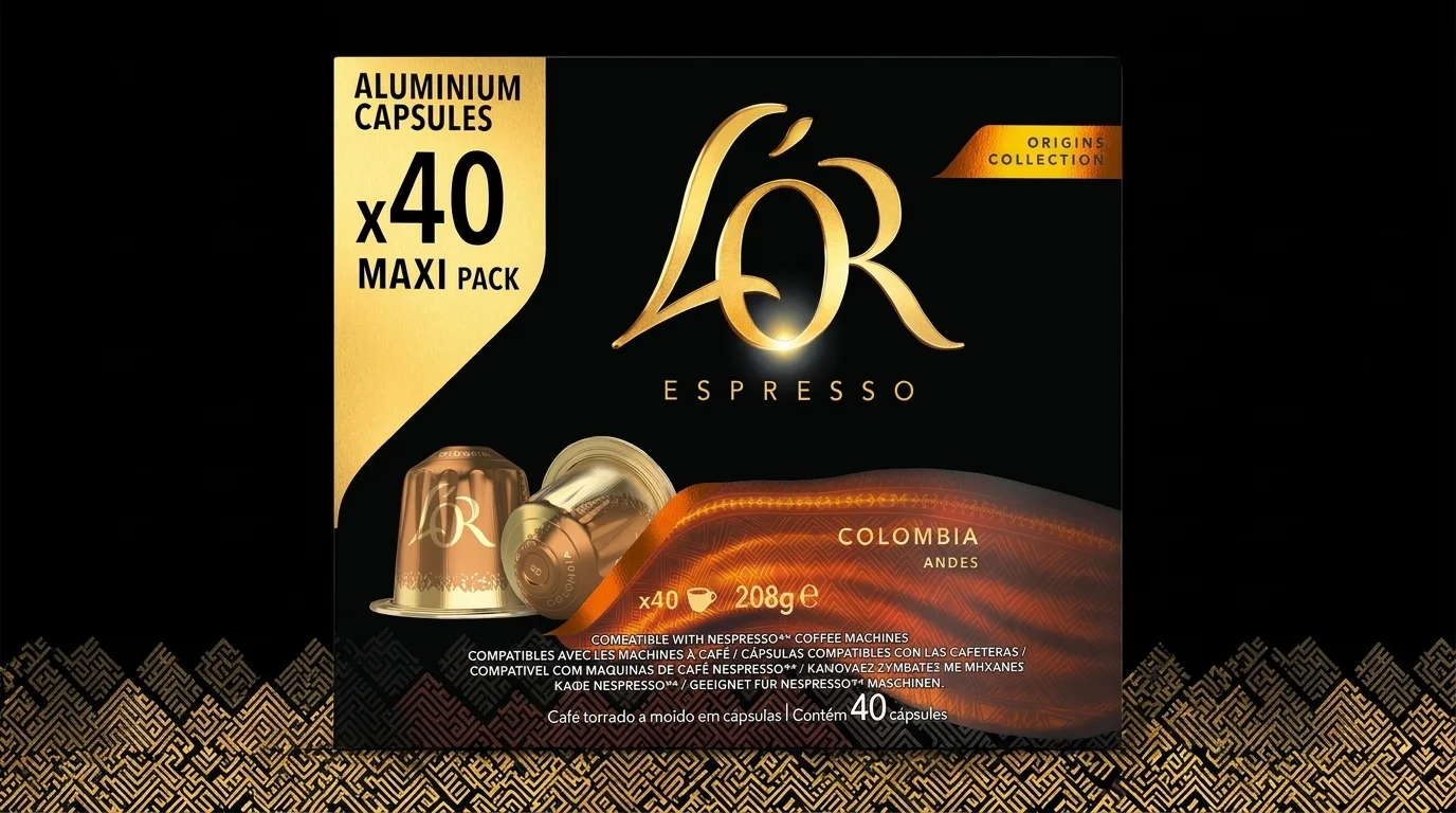 Černá krabička kávových kapslí L'OR Espresso Colombia s nápisem x40 Maxi Pack a vyobrazením dvou zlatých kapslí.