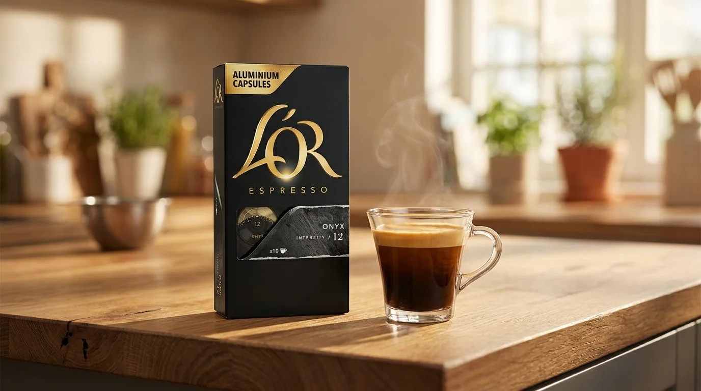 Černá krabička kávových kapslí L'OR Espresso Onyx vedle skleněného šálku s kouřícím espressem na dřevěné kuchyňské lince.