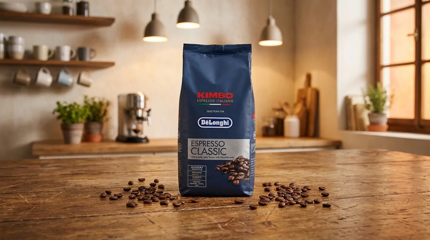 Modré balení zrnkové kávy De'Longhi Espresso Classic stojí na dřevěném stole s rozsypanými kávovými zrny v útulném kuchyňském prostředí.