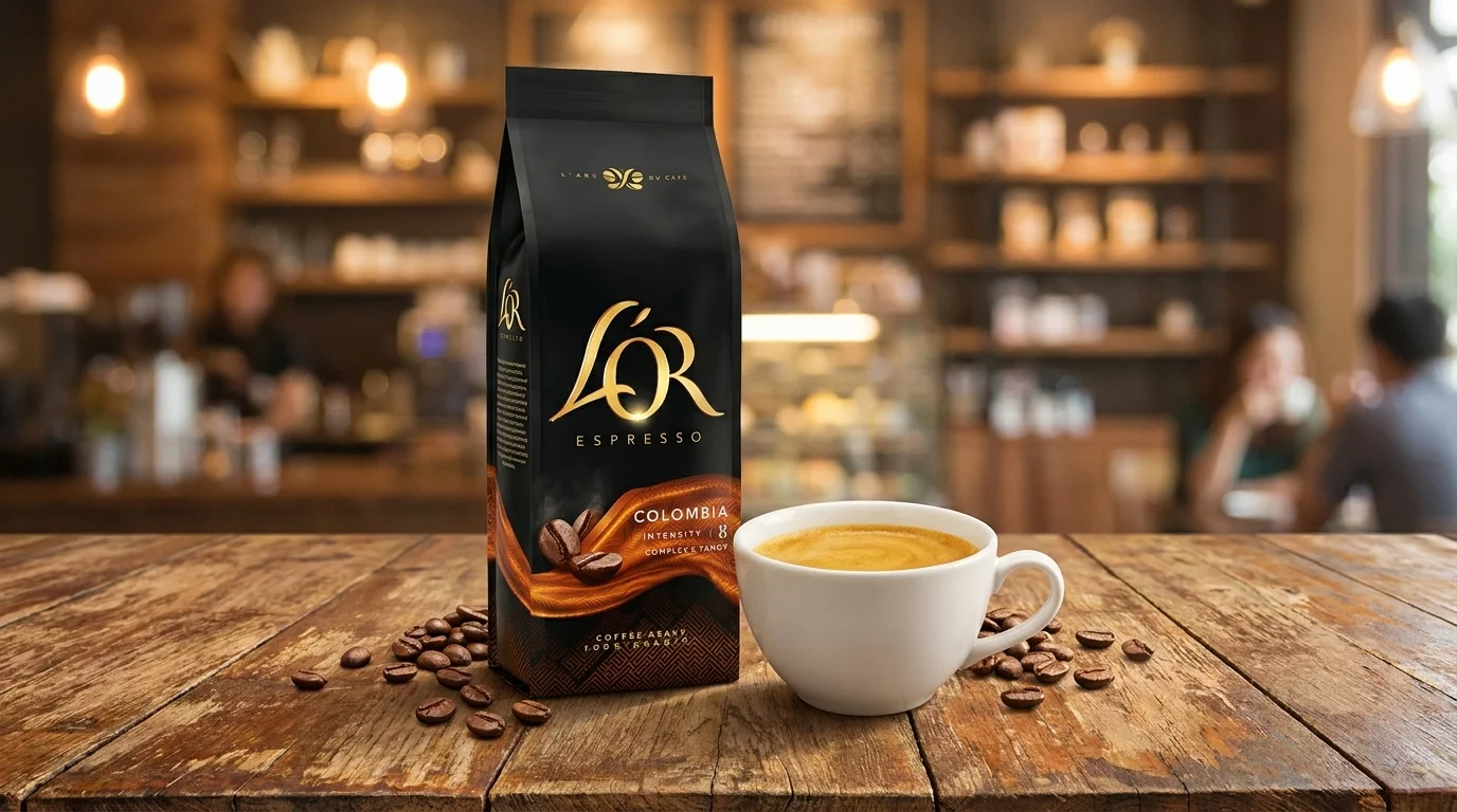 Čierne balenie zrnkovej kávy L'OR Espresso Colombia a biela šálka s kávou na drevenom stole s rozsypanými kávovými zrnami.