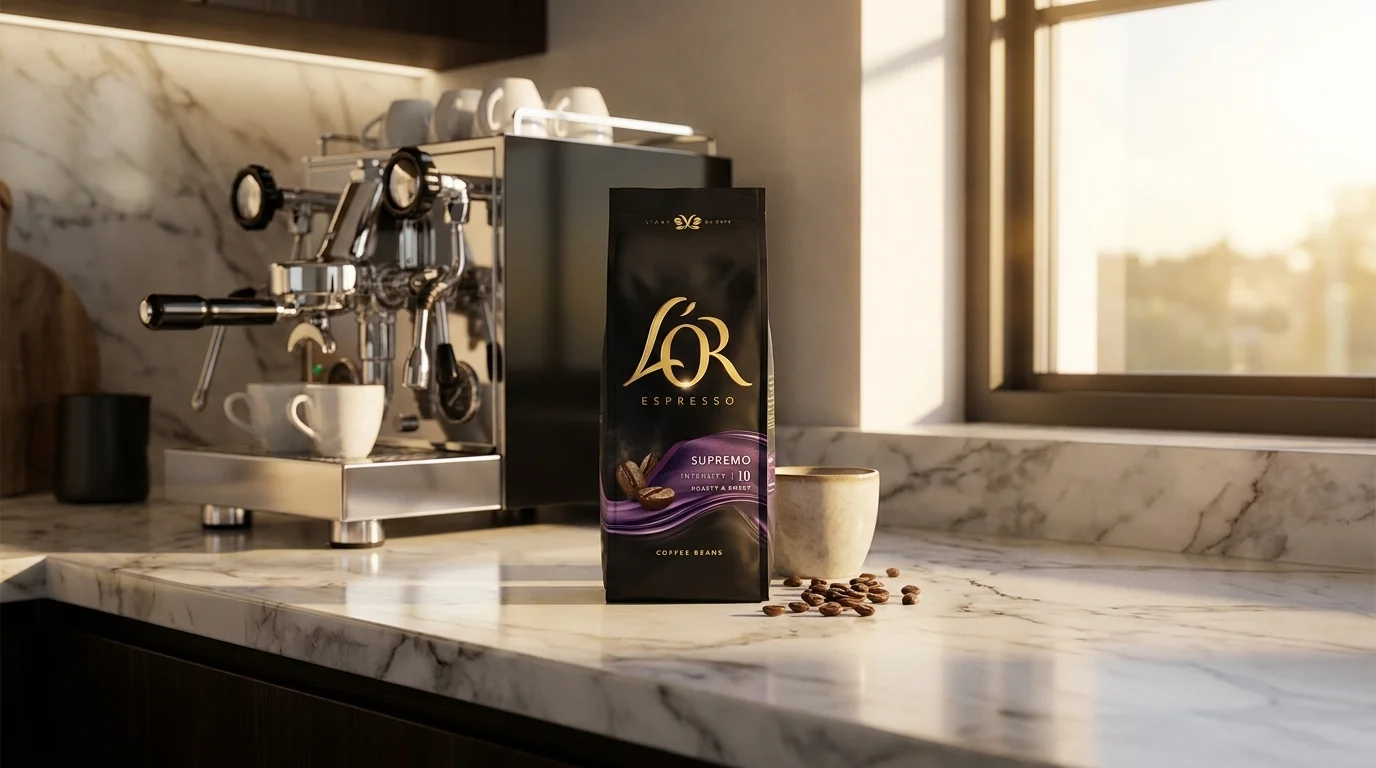 Balenie zrnkovej kávy L'OR Espresso Supremo na mramorovej kuchynskej linke vedľa kávovaru a šálky s rozsypanými kávovými zrnami.