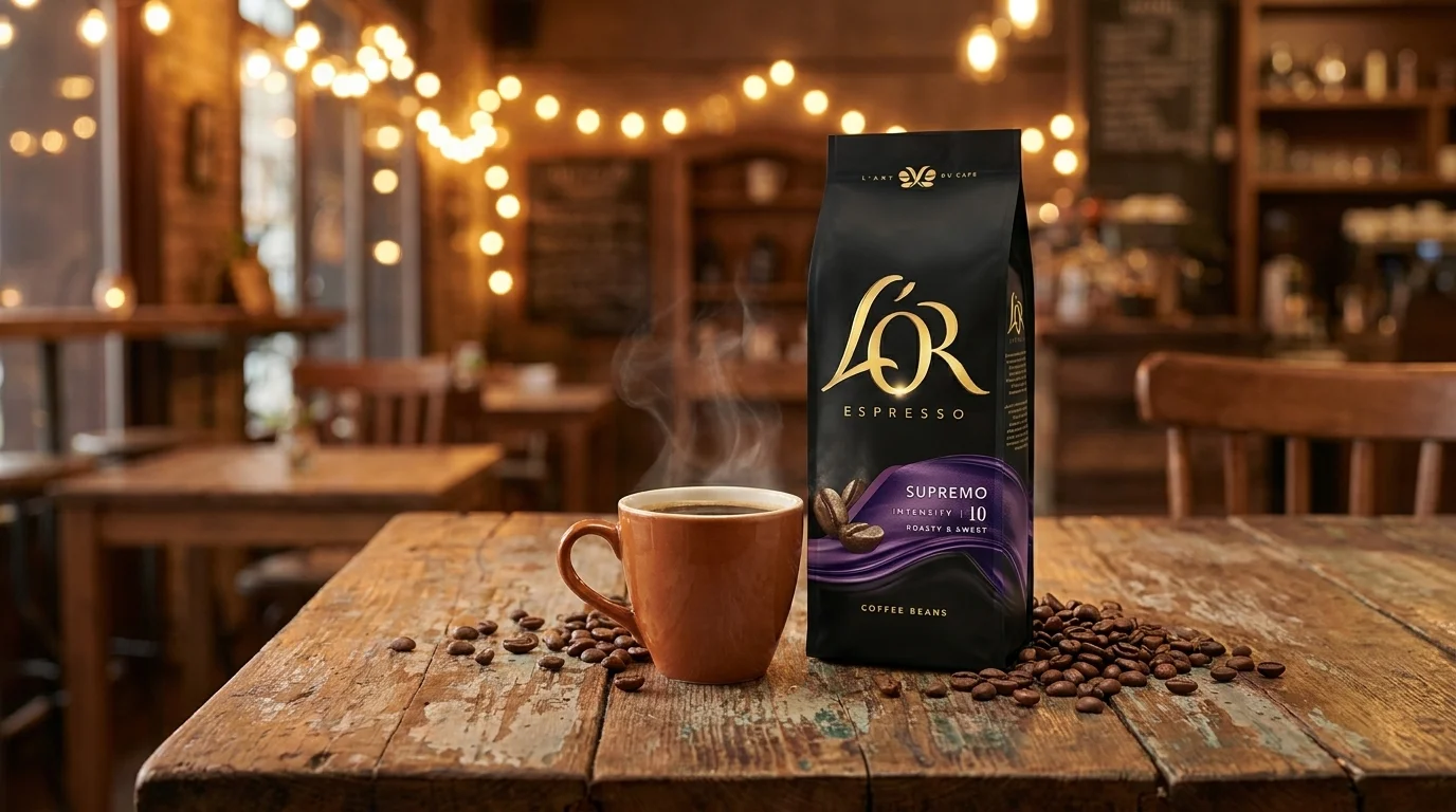 Balenie zrnkovej kávy L'OR Espresso Supremo vedľa šálky dymiacej kávy a rozsypaných kávových zŕn na drevenom stole.